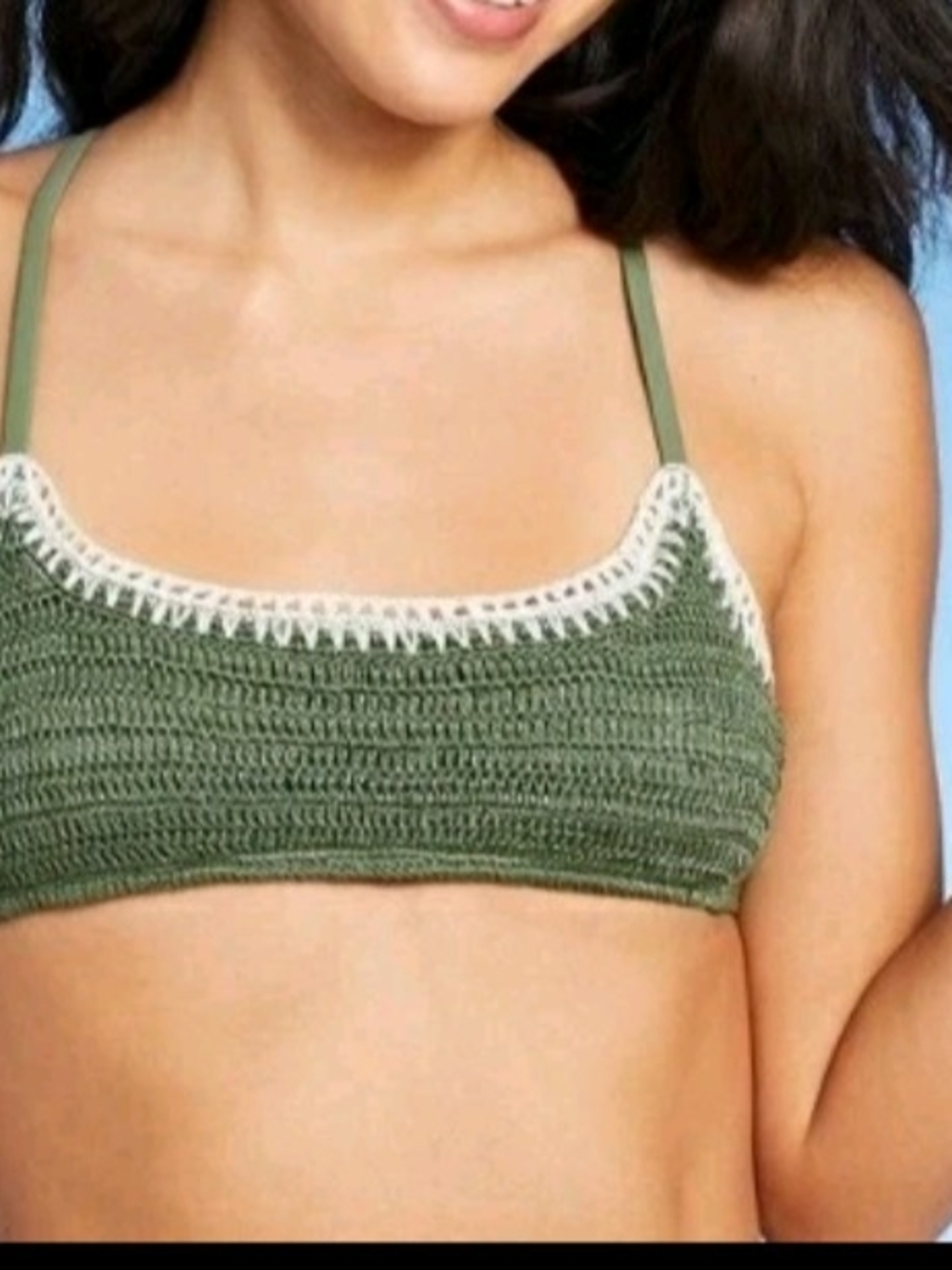 Xhilaration Olive Green Crochet Swimming Bikini Top with Cream Trim Beach Medium